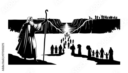 Black Vector Silhouette: Moses Parting the Red Sea A dramatic black vector silhouette depicting Moses standing on a shore with his staff raised, facing the sea