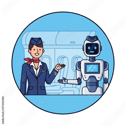 A smiling flight attendant gestures towards airplane seats alongside a friendly robot, set against a blue circular background.