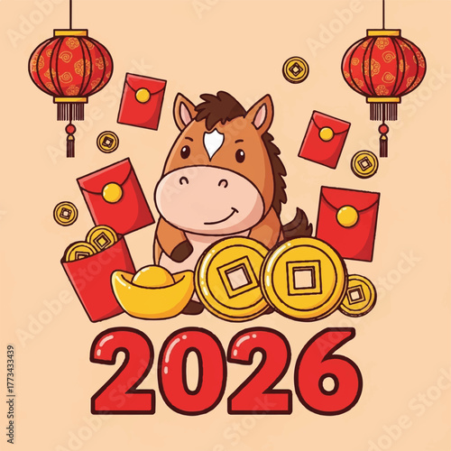 Cartoon illustration of a horse surrounded by red envelopes, gold coins, lanterns, and a gold ingot, with the year 2026 displayed at the bottom, celebrating the Chinese New Year.