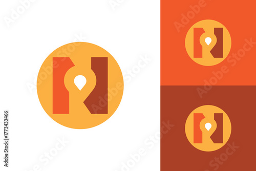 The image shows a flat logo design that depicts an initial letter N with a drop pin icon inside a round shape in yellow and orange color