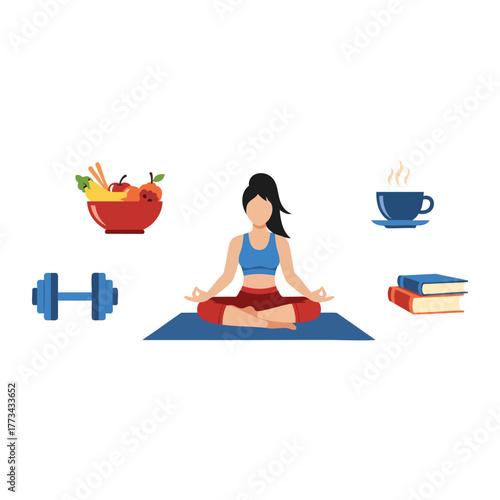 Healthy lifestyle illustration with woman doing yoga meditation surrounded by fruits, dumbbells, coffee and books
