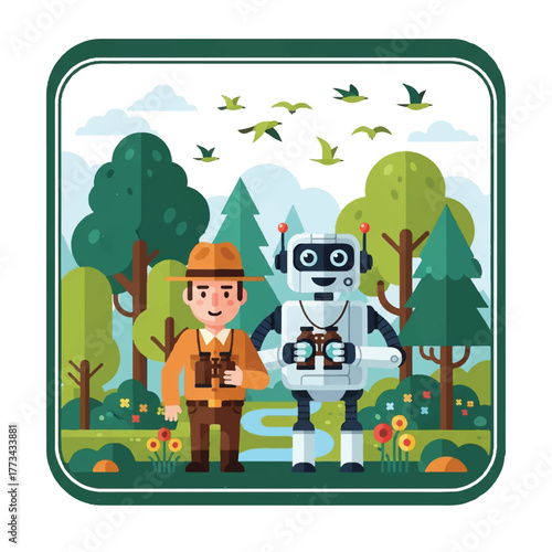 Cartoon illustration of a park ranger and a robot standing side-by-side, both holding binoculars, in a forest setting with trees, flowers, birds, and a stream.