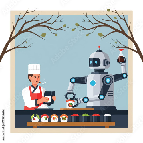 Illustration of a chef taking an order while a robot prepares sushi, framed by branches against a light blue background.