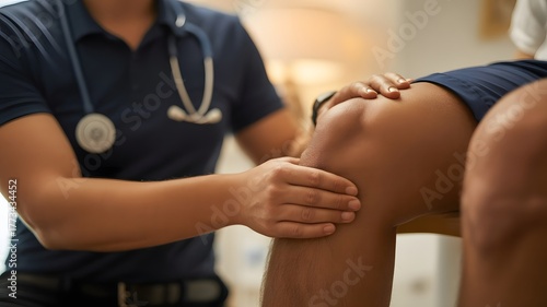 Professional medical expert gently examines athlete's injured knee during treatment session, offering hope and recovery in a clinical setting.