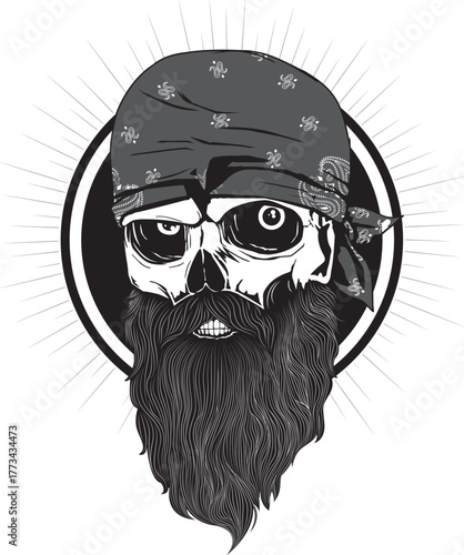 Skull biker spirit — fierce, fearless, and born to ride. With a rugged beard and bandana, this icon stands for rebellion, freedom, and untamed roads