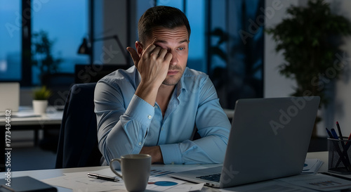 Man looking stressed while working late on laptop in office  
