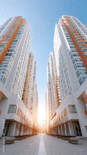 Wide Angle View Of Modern Residential Skyscrapers With Orange Accents Under A Bright Clear Blue Sky With Sun Flare In The Distance
