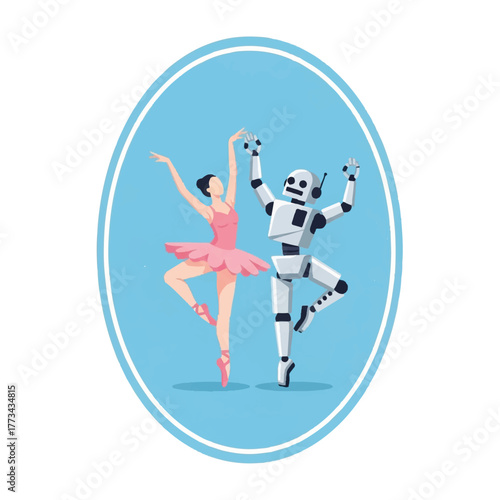 A ballerina in a pink tutu dances with a white robot against a light blue oval background, showcasing a blend of human artistry and artificial intelligence.