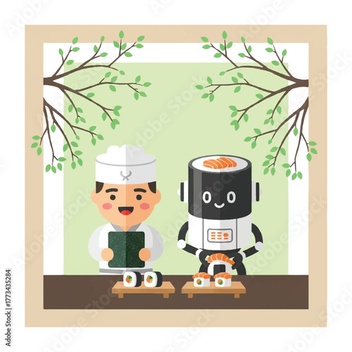 Cartoon illustration of a sushi chef and a robot chef preparing sushi rolls, framed by branches with green leaves.