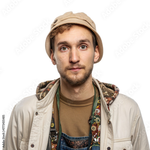 Young man wearing beige bucket hat and light jacket stands against transparent background, exuding calm and approachable demeanor