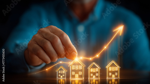 Real Estate Investment Ascent: Conceptual image depicts a person pointing towards a glowing line, which symbolizes growth above miniature house representations.