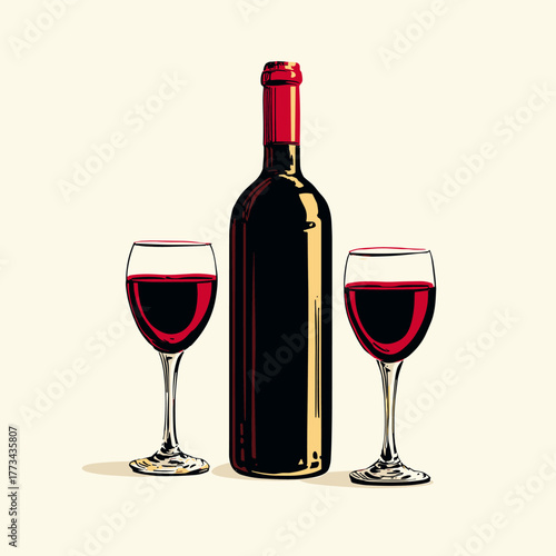Vector illustration of a bottle of red wine with two glasses isolated on a white background