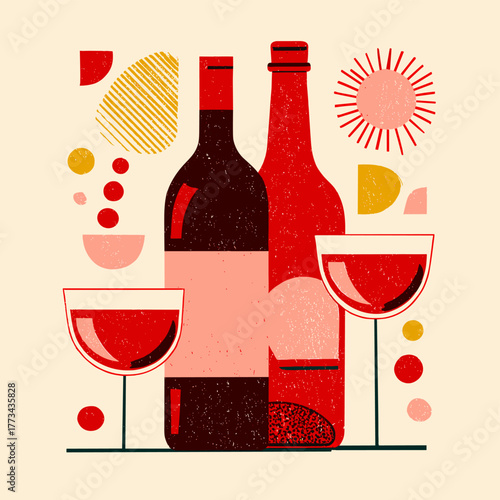 Vector illustration of a bottle of red wine with two glasses isolated on a white background