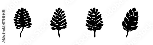 Four stylized conifer cone silhouettes simple black icon set vector illustration