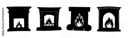 Set of four stylized black silhouette fireplace icons isolated on white background