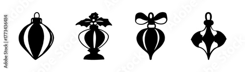 Stylized black christmas ornament silhouettes collection vector graphics set