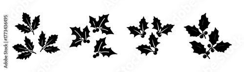 Black silhouette vector set of holly leaves and berries for christmas designs.