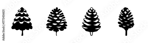 Black silhouette icons set of stylized pine cones and winter evergreen tree shapes