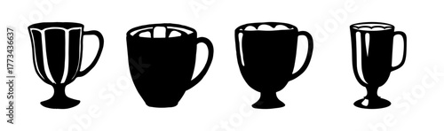 Set of four stylized black silhouettes of handled cups for hot drinks and coffee