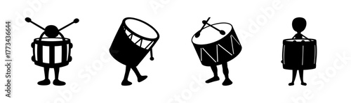 Black and white vector set of funny cartoon drum characters standing and marching.