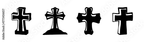 Four different stylized christian cross icons set tombstone silhouette doodle