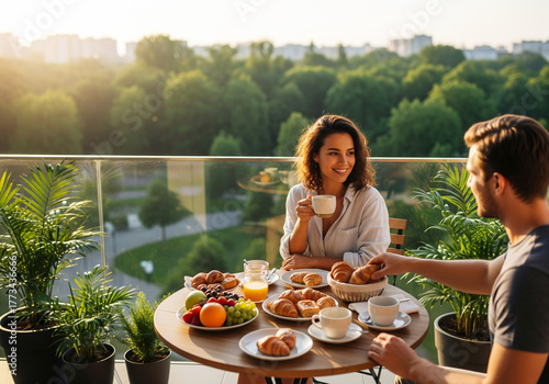 Dynamic morning energy as a happy couple enjoys a romantic breakfast on a city balcony, an urban oasis with a stunning park view at sunrise