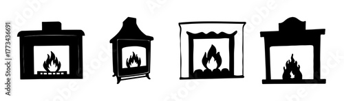 Various fireplace and wood burning stove icon set showing different heating systems.