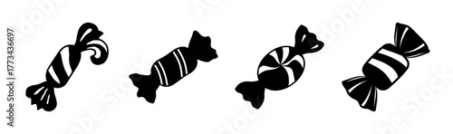 Four wrapped striped candy silhouettes icons vector set isolated on white background