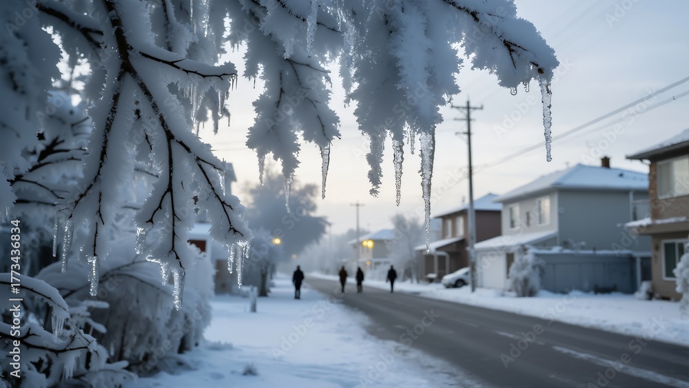 Fototapeta premium Snow-covered street with icicles hanging from trees and people walking in winter