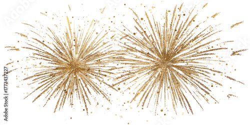 Two golden fireworks explode against a black background