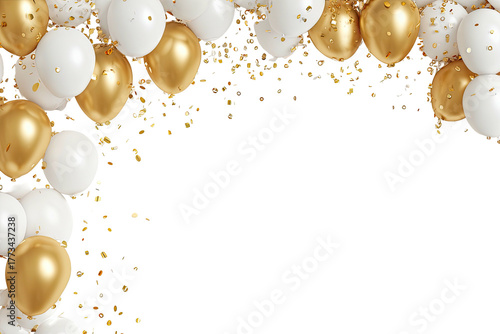 Festive arch of golden and white balloons with confetti