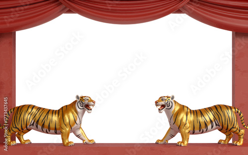 Two golden tiger statues on a red stage with curtains isolated on white background perfect for presentations or theatrical designs