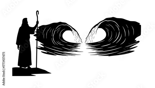 
Black Vector Silhouette: Moses Parting the Red Sea A dramatic black vector silhouette depicting Moses standing on a shore with his staff raised, facing the sea,