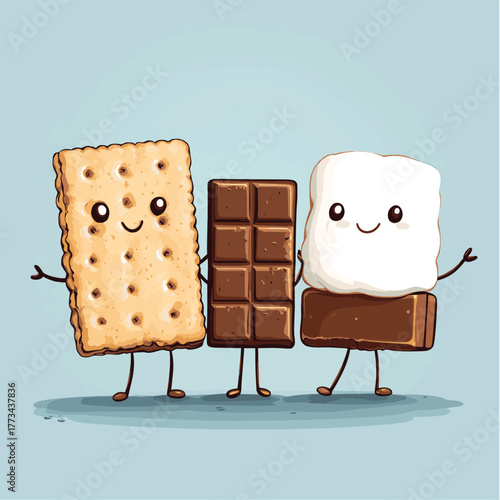 Cartoon Smores Ingredients Holding Hands - Graham Crackers, Marshmallow, and Chocolate Bar.   , vector style simple color