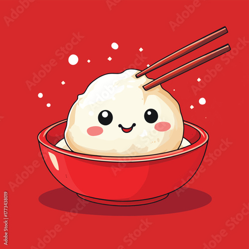 A cute dim sum dumpling being held by chopsticks on a red background.   , vector style simple color