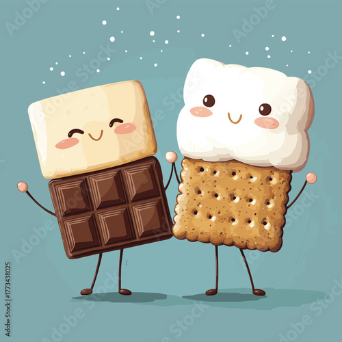 Cartoon Smores Ingredients Holding Hands - Graham Crackers, Marshmallow, and Chocolate Bar.   , vector style simple color