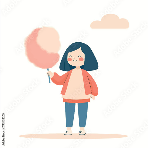 Cute little girl happily holding a large pink cotton candy.