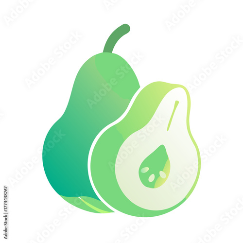 Two green pears, one of which is cut in half