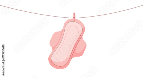 A pink sanitary pad with wings is hanging on a clothesline, held by a clothespin against a clean white background.
