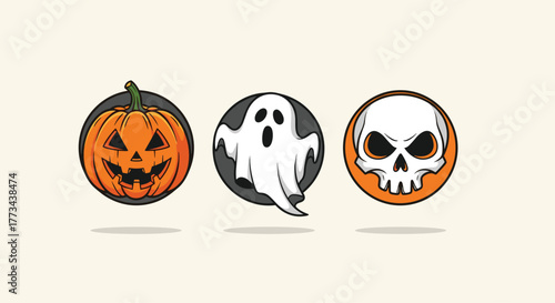 Three colorful and stylized Halloween themed illustrations, a jack-o-lantern, a ghost, and a skull on a light background.