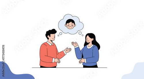 A man and a woman discussing emotional distress, visualized by a thought bubble containing a sad face.