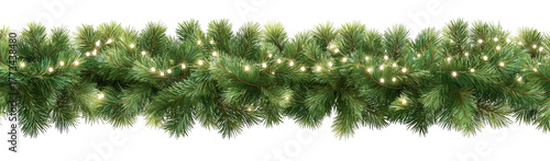 Lush green evergreen garland with warm white fairy lights along its length