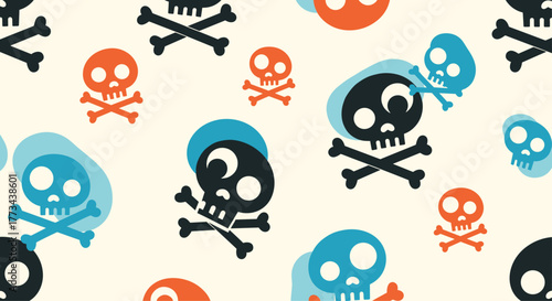 A seamless pattern featuring colorful cartoon skull and crossbones designs in orange, black, and blue, perfect for Halloween or pirate themes.