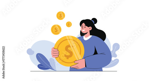 Smiling woman holding a large gold coin with dollar sign, surrounded by floating coins, symbolizing financial growth and successful investment.