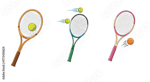 Three colorful tennis racquets with balls in various positions, some in motion, illustrating dynamic sports activity.