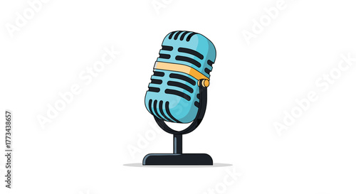 A charming illustration of a retro-style blue microphone with a golden accent and dark stand, symbolizing communication and performance.