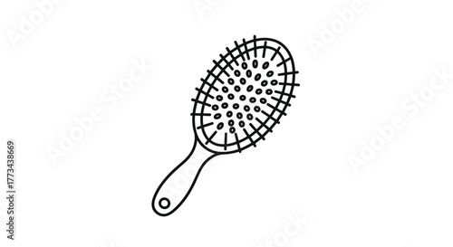 Minimalist black and white line art depicting an oval hairbrush, complete with a handle and numerous styling bristles.