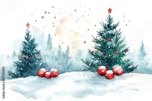 Watercolor Christmas landscape winter forest scene in snow with pine trees with toys decor, Countryside watercolor landscape illustration of winter