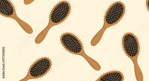 Seamless pattern of wooden hair brushes with black bristles on a light beige background, illustrating self-care and beauty accessories.