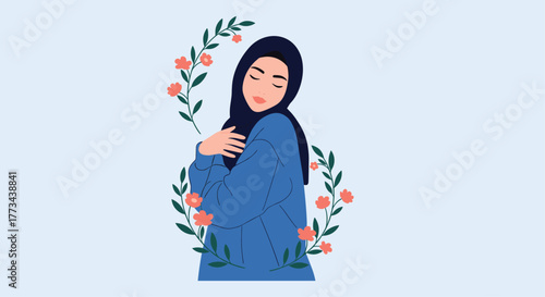A serene Muslim woman in a blue hijab softly embraces herself, framed by a vibrant floral wreath, symbolizing self-love and inner peace.